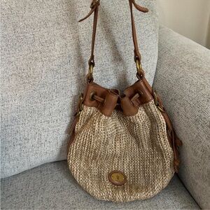 Fossil Woven Straw Bucket Bag with Brown Leather Trim Y2K